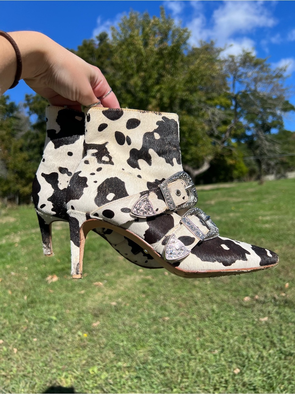 RAYE Lasso Booties - Cow Print with Silver Buckles